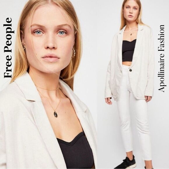 Free People Simply Perfect Women's Stone Linen Blazer Large NWT - Picture 3 of 6